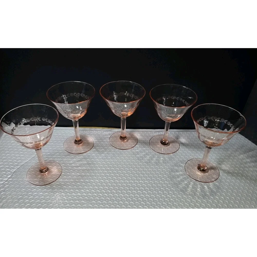 Vintage Pink Depression Glass Champagne Coupes Set Of 5 Etched Design
